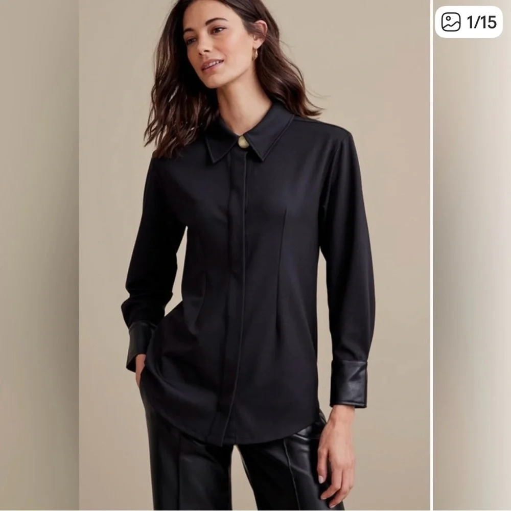 Soft Surroundings Black Mattea Faux Leather Cuff Tunic Shirt - Picture 1 of 12